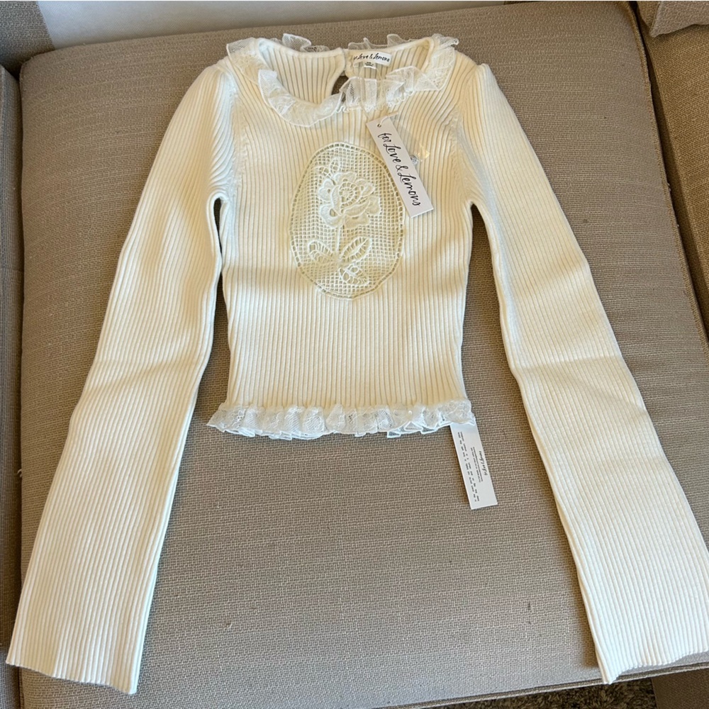 For Love & Lemons White Ribbed Lace-Inset Long Sleeve Crop Top
